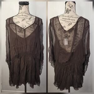 Avenue 26/28 Silk Fairy Tunic Top Boho Tassel Tiered Babydoll Chocolate Brown